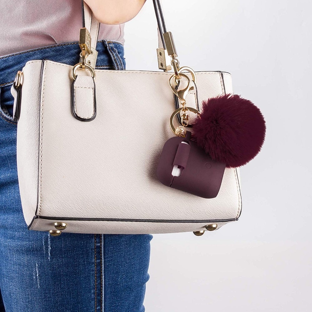 Airpod Case with PomPom keychain Maroon - Picture 3 of 3